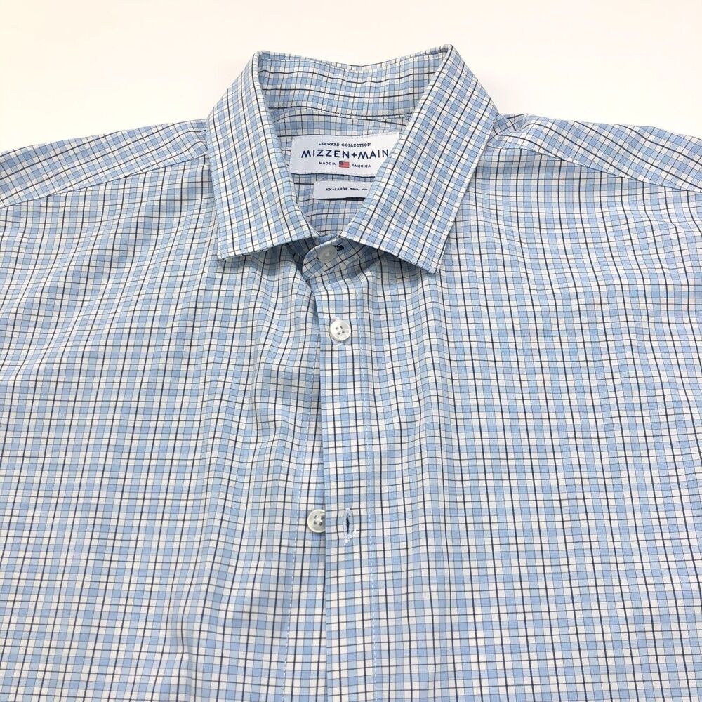 Mizzen+Main Trim Fit XXL Blue MINT Polyester Spandex Check Plaid Dress Shirt